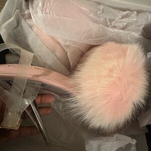 SOLD. Fashion Nova Blush Fluffy Heels with Clear Straps